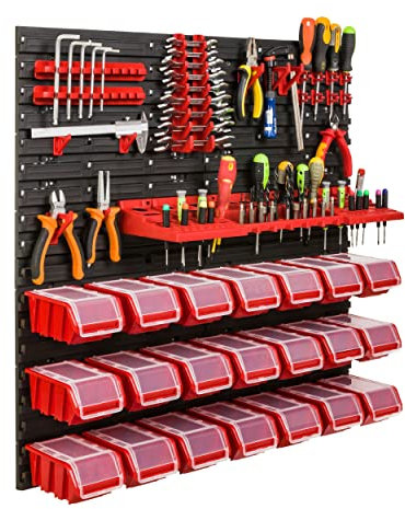Système de rangement étagère d'atelier | 78 x 78 cm | Boîte de 21 pièces | Étagère murale avec supports à outils et boîtes empilables - Plaques murales extra solides - Étagère murale perforée -