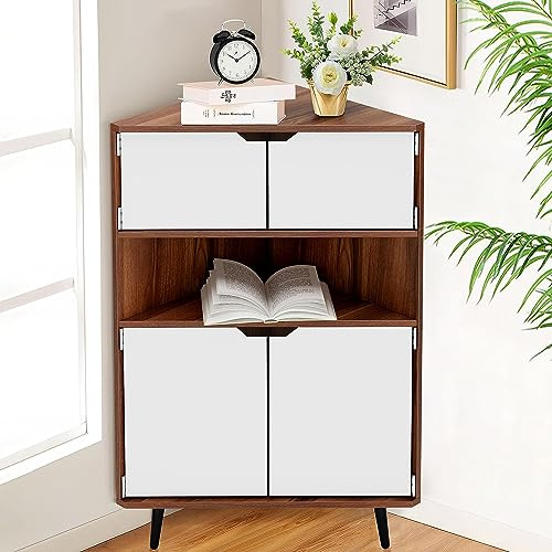 sogesfurniture Bücherschrank mit Türen, 3 Ebenen Bücherregal aus Holz, dreieckiges Standregal Eckeregal Aufbewahrungsregal für Wohnzimmer, Schlafzimmer, Büro