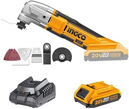 Multiherramienta Oscilante Inalámbrica sin Escobillas INGCO 20V 20000RPM Herramienta Multifunción de para cortar/aserrar/pulir/moler (2.0 Ah)