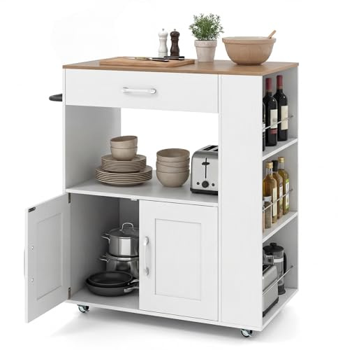COSTWAY Kitchen Storage Trolley on Wheels with 3 Spice Racks