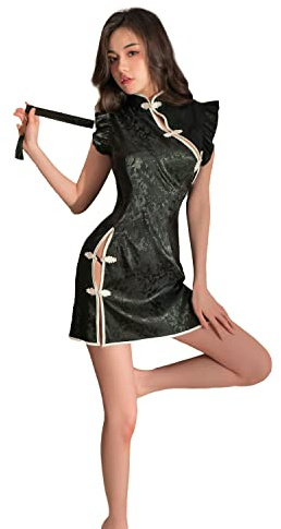 SINROYEE Lencería sexy de cosplay para mujer, vestido chino Cheongsam Qipao anime, babydoll con abertura alta, camisón (#6 negro)