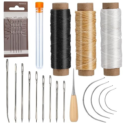 Deudy 23 Stück Leder Nähset, Leder Reparatur Set, Lederwerkzeug Hand Nähen Nadeln with Gewachstem Faden, Ahle, Handnähnadel Kit für Ledert Teppich Matratzen Reparieren