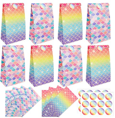 PHOGARY Meerjungfrau Geschenktütchen Mitgebsel Tüten Geschenktüten Kindergeburtstag Geburtstag Party - 24 Mermaid Partytüten + 24 Sticker Papiertüten Geburtstagstüten Kinder Geschenktüten Papier