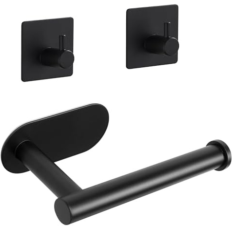 Toilettenpapierhalter Ohne Bohren, Klopapierhalter Schwarz Selbstklebend Edelstahl Matt Wasserdicht Rostbeständig Wc Papier Halterung mit 2 Handtuchhaken für Küche und Badzimmer