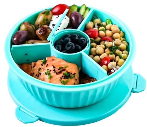 Yumbox Ensaladera – A prueba de fugas con tapa, divisor extraíble de 3 secciones, volumen de 4.2 tazas, cierres triples fáciles de abrir, taza de cobertura integrada y extraíble, contenedor de