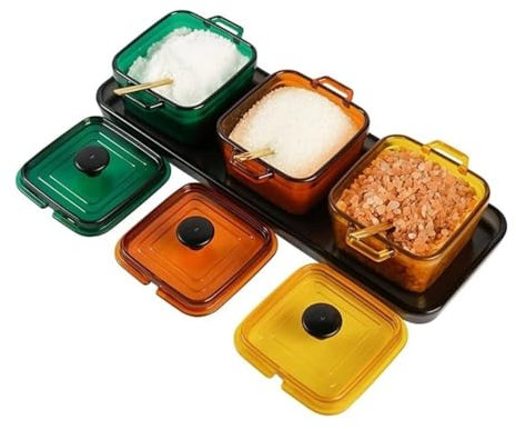 Caja de condimentos, Juego de tarros de especias Juego de recipientes de plástico for condimentos con tapa Cuchara y bandeja Juego de cajas de condimentos Recipiente de especias de cocina Azucarero Ta