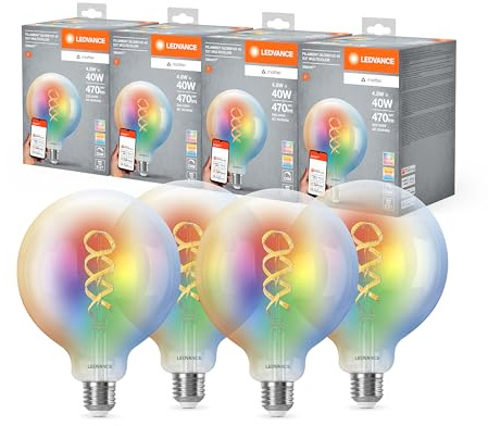 LEDVANCE SMART+ MATTER LED-Lampe, kompatibel mit Google, Alexa, Apple, Weißglas, 4,8W, 470lm, E27, Farblicht & Weißlicht, App- oder Sprachsteuerung, bis zu 15.000 Std. Lebensdauer, 4-Pack