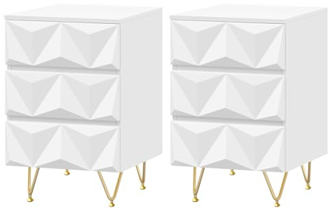 EUGAD Nachttisch 2er Set Weiß/Gold 3D-Effekt 3 Schubladen B40 | 3 Schubladen; 3D-Effekt; Farbe: Weiß + Gold; 40x62,5x40 cm; für Schlafzimmer