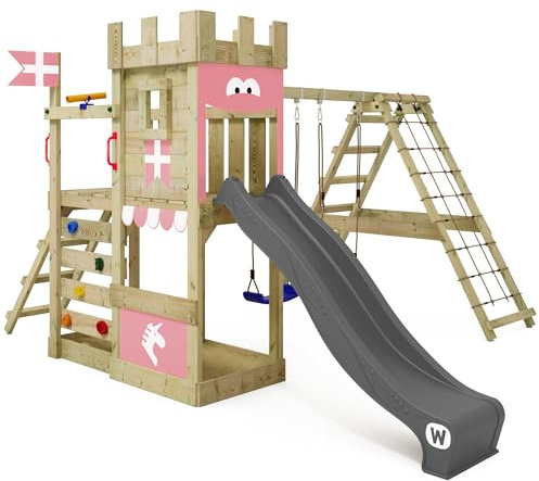 WICKEY Spielturm Ritterburg DragonFlyer mit Schaukel & pastellpinker Rutsche, Outdoor Kinder Kletterturm mit Sandkasten, Leiter & Spiel-Zubehör für den Garten