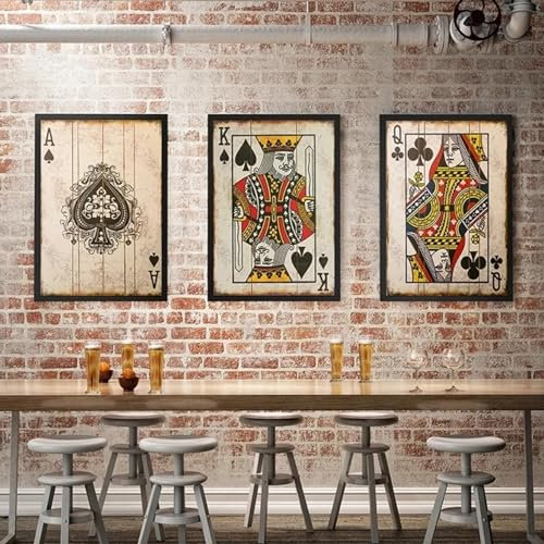 KQZVCU Vintage Poker Spielkarten Leinwand Malerei Poster und Drucke Wandkunst Bilder für Schlafzimmer Home Bar Pub Dekor 60x80cmx3 Innenrahmen