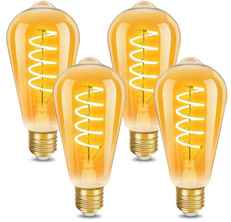 ILEEDear Vintage Edison Light Bulb ST64 Spiral Flexible LED Filament Bulbs, 4W Equivalent to 32W, Retro Amber Glass Screw Lamp, Warm White 2200K, Energy Saving Light Bulbs, Non-dimmable, Pack of 4