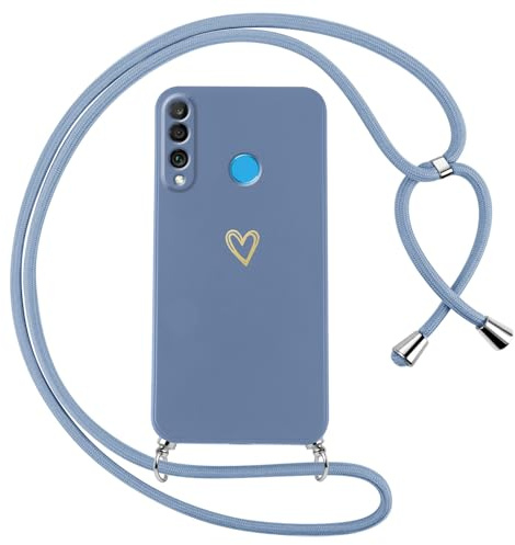 Oelrstfe Handyband für Huawei P30 Lite/Nova 4e Hülle mit Band Herz Motiv Handyhülle für zum Umhängen Silikon Stoßfest Ultra Dünn Weich Schutzhülle mit Kordel Necklace Kette Love Muster Case,Blau