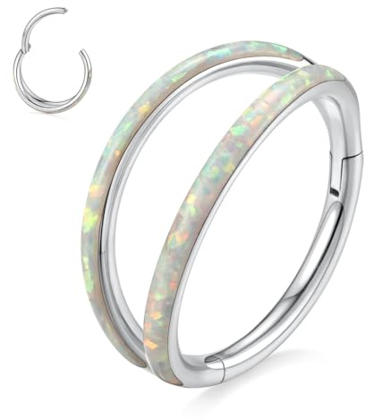 hengkaixuan Ohrringe aus Chirurgenstahl mit doppeltem Nasenring Helix Piercing 16G Conch Hoop Conch Piercing Schmuck Silber Septumschmuck mit Opal Septum Ring Helix Lobe Hoop Earring Schmuck 10mm