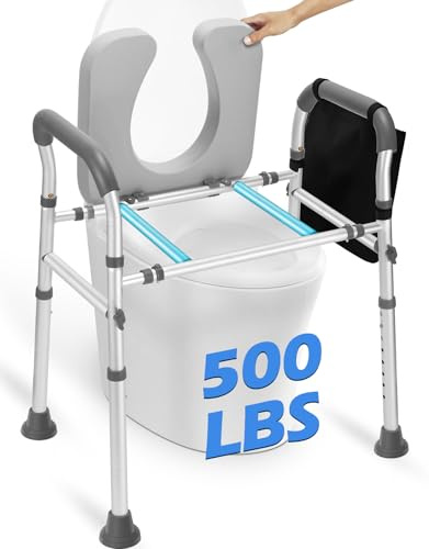 Erhöhter Toilettensitz mit Griffen, FSA/HSA-berechtigt, strapazierfähig, 227 kg, Toilettensitzerhöhungen für Senioren, zusätzliche Stützstangen für weich gepolsterten Sitz, verstellbare Breite und