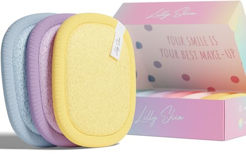 Lilly Skin Waschbare und wiederverwendbare Make-up-Entferner-Pads – quadratische Mikrofasertücher zum Reinigen und Peeling für die Gesichtshaut – Box mit 7 Pads aus Kunstleder – Regenbogen-Pastell