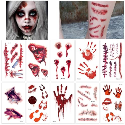 Halloween Tattoo Narben Halloween Aufkleber Vampir Kostüm Schminke Accessoires, Fake Tattoos Wunden Halloween Tattoo Gesicht Make Up Zombie Temporäre Tattoos Halloween Deko Horror Cosplay Sticker