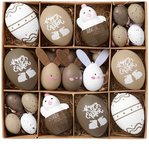 Valery Madelyn 35Pcs Easter Eggs Ornaments Tree Decorations, Beige White Plastic Easter Eggs Bulk Tree Ornaments for Easter Decorations, Shatterproof Decorative Hanging Egg for Spring Party Decor