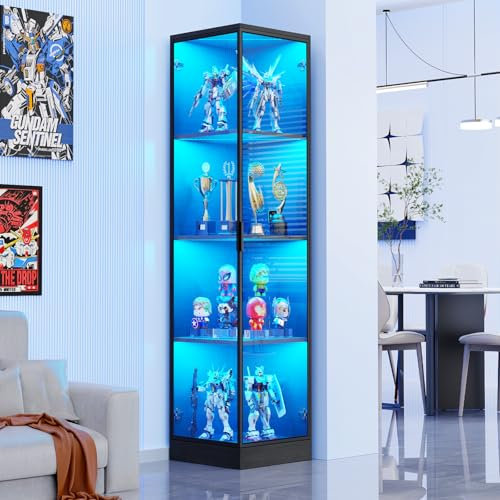 BROTTAR Vitrina de esquina con puertas, estante esquinero de 4 niveles, estantería y armario de curiosidades para coleccionables, juguetes, libros, vitrina con luz de 3 colores, para sala de juegos