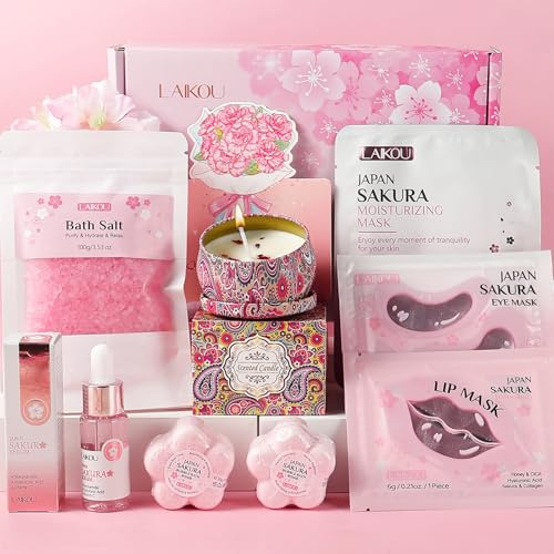 LAIKOU Sakura Set de Regalo Mujer spa Relax, 8 piezas Cuidado Personal para Mujer Regalo, Suero, Máscaras, Vela Perfumada, Sales de Baño y Bomba, Regalos para Cumpleaños Navidad San Valentin