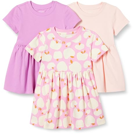 Amazon Essentials Vestido de jersey de manga corta Niña, Pack de 3, Malva/Manzanas/Rosa, 8 años
