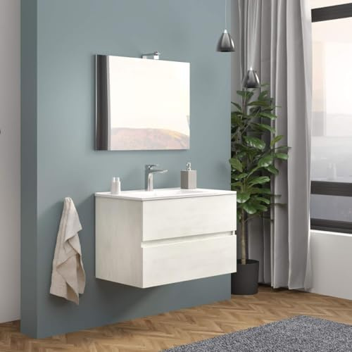 SAVINI DUE Mobile bagno sospeso con specchiera e lavabo integrato modello easy 80cm composizione completa (Rovere bianco)