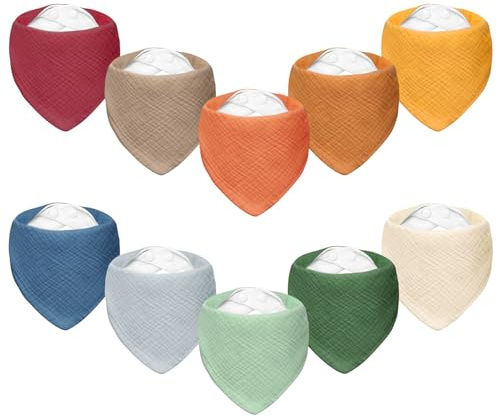 TOFFCAEA 10 Stück Lätzchen Baby Absorbierende Dreieckstuch, Vier Stockwerke Weiche & Absorbierende Musselin Halstüch, mit Verstellbares Druckknopf, für Jungen, Mädchen, Unisex (Bunte Natur)