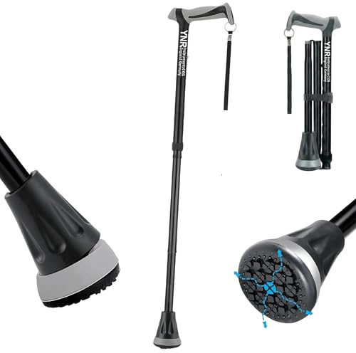 YNR Walking Sticks for Women & Men - Foldable Walking Stick & Adjustable to Five Levels, Lightweight, Absorbing Base, Ergo Grip, Walking Cane with Pivot Tip for Seniors & Adults | (Black)