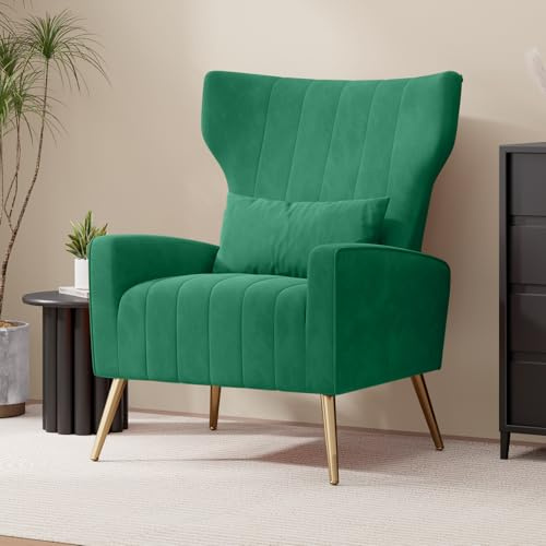 Hawthyhome Samt-Ohrensessel mit Kissen & goldenen Metallbeinen, Grün | Hohe Rückenlehne; passendes Kissen; Lesesessel fürs Wohnzimmer, Schlafzimmer & Leseecke; belastbar bis 130 kg