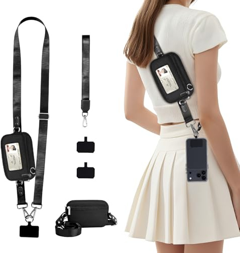 Clip und Go für Telefon-Halsband mit klarem ID-Fenster, verstellbares Telefon-Lanyard, Umhänge-Geldbörse, abnehmbarer Handgelenk-Umhänge-Telefon-Trageschlaufe, Tasche mit Reißverschluss für alle Telef