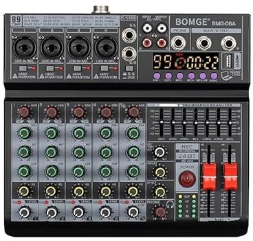 SHEHUALI Mesa de Mezclas de Audio, Mezclador de Efectos de 6 Canales 99DSP Control de Ecualizador de 7 Bandas con monitoreo de Auriculares con Bluetooth MP3 Salidas de 6.35 mm
