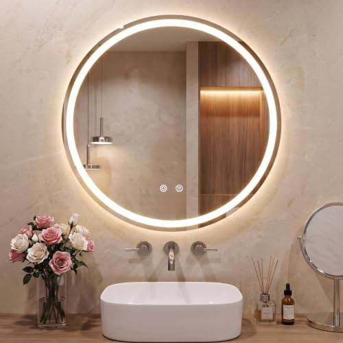 Clevich Runder Badspiegel mit Beleuchtung 80 cm, LED Wandspiegel | Gehärtetes Sicherheitsglas, 3 Lichtfarben dimmbar, Antibeschlag, Touch-Schalter, Memory-Funktion, einfache Wandmontage