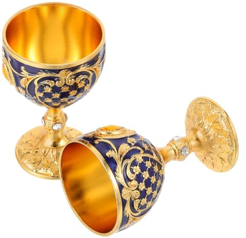 BEBEMOKO 2pcs Embossed Retro Goblet Elegant Gold and Translucent Blue Drinking Chalices for Weddings and Formal Dinners European Style Ornate Metal Shot Glasses for Upscale Celebrations