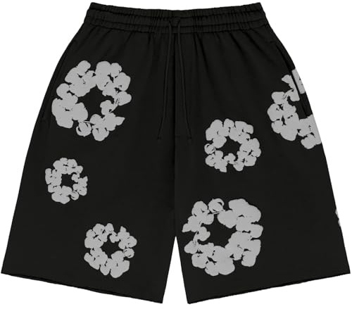Shorts Herren Sommer Blume Unisex Y2K Hip Hop Strandshorts mit Taschen Kurze Hose Beach Shorts mit Kordelzug und Taschen Blumendruck Elastische Taille Sportshorts Schwarz M