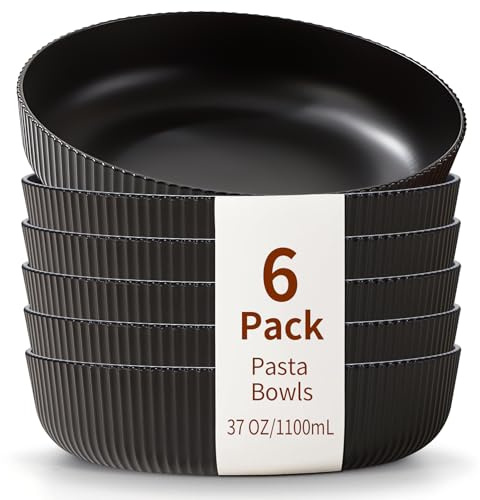 HOMQUEN Pasta Bowls Set of 6, 37oz Salad Bowls Black Soup Bowls, Large Pasta Serving Bowls, Unbreakable Plastic Dinner Bowls, Dinnerware Sets,Valentines Day Gift, Dishwasher Safe (Black)