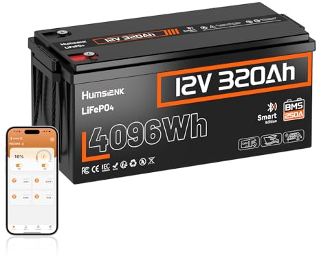 Humsienk Batería Litio 12V 320Ah con Bluetooth, Bateria LiFepo4 4096Wh, 250 BMS con Protección de Baja Temperatura,hasta 15000 Ciclos,Batería Recargable para Autocaravana,Barco,Placa Solar y Caravana