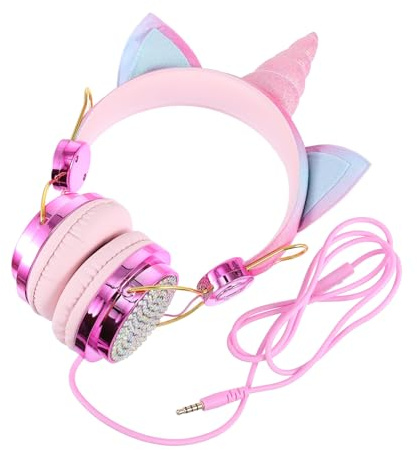 TOYZFRIENDY Rhinestone Gaming Headset with Unicorn Horn Cat Ear Design Over-ear Wired Headphones Jack Volume Control Safe for Boys Rose Gold