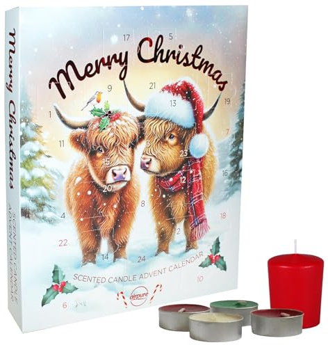 Christmas Advent Calendar with 23 Airpure Scented Tea Lights Candles - Tealights with 4 Hour Burn Time and 10 Hour Voltive Candle (Highland Cow 0057)