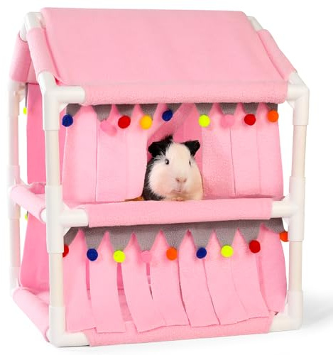 ONEJU Meerschweinchen Hochbett, Kleintiere Etagenbett, Meerschweinchen Hängematte mit Fleece Waldversteck, Hausbett für Kaninchen, Frettchen und Chinchillas, Rosa