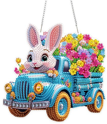 KEYIFA 5D Osterhase Diamond Painting Fensterbilder Erwachsene, DIY Diamond Painting Beidseitig Anhänger, Hängende Art Window Pictures Kit für Wohndeko Gift 20x20cm
