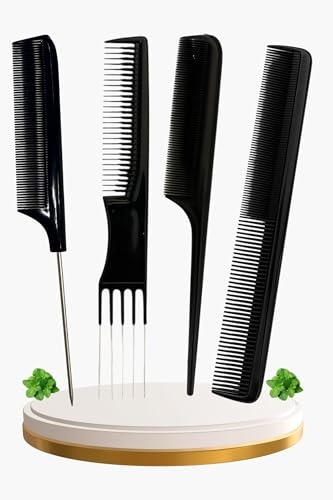 Lot de 4 peignes de coiffure professionnels noirs – Peigne texturé pour homme et femme – Peigne à pointes larges, convient pour les mèches et la coupe