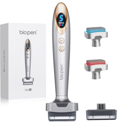 Biopen Derma Stamp 140 stift, Microneedling + vibration + LED-ljus med 2 utbytbara huvuden (0,5 mm) för försvagat hår/skäggtillväxt/ansiktsvård (vitt guld)