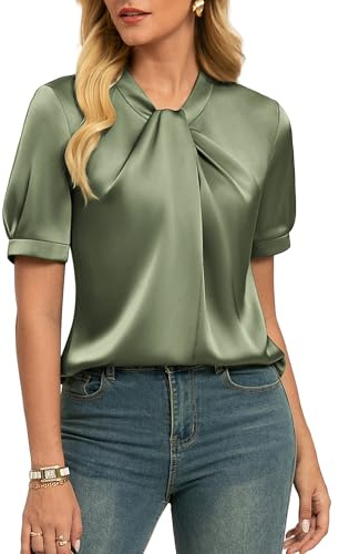 GRACE KARIN Women Satin Blouse Short Sleeve Summer Top Elegant Silk Dressy Shirt Casual Office Work Tops for Ladies UK Artichoke XL