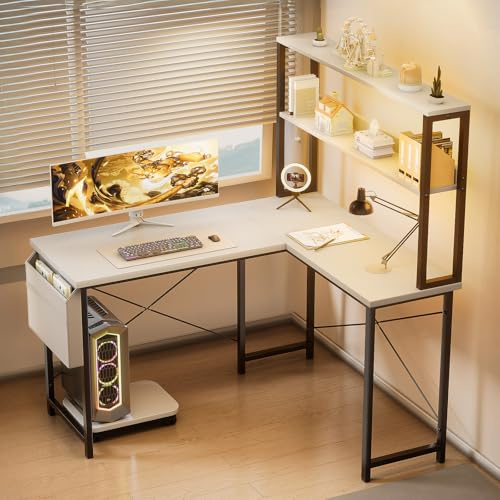 Aiorber Scrivania da Gaming a L, Scrivania per Computer 110 x 80 x 148 cm con Illuminazione a LED, Tasche Laterali, Scrivania Angolare con Supporto per PC, per Ufficio e Casa, Bianca