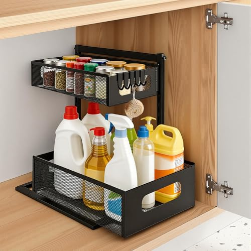 NCTNCX 2 Tier Regal Unter SpüLe Kitchen Cabinet Organizer Unter SpüLe | Metall,Mit 5 Haken,HöHenverstellbar,Ausziehbarer,für Küche,Waschbecken,Schrank,Badezimmer