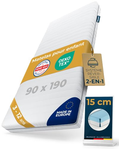 sun garden Matelas pour Enfant 90x190 cm, 3 à 12 Ans, fabriqué en Europe