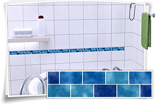Fliesenaufkleber Fliesenbordüre Bordüre Mosaik Blau Kachel Aufkleber FB2, 20 Stück, 20x5,2cm (BxH)