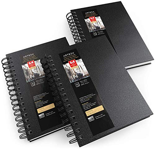 Arteza Aquarellpapier Skizzenbücher, 13.97 x 21.59 cm, 3er-Pack, schwarzes Hardcover Skizzenbuch, 96 Blatt, 300 g/m² Aquarellbuch, Ringbuch für Aquarell, Gouache, Acryl, Bleistifte
