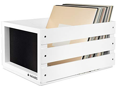 Navaris Holz Schallplatten Kiste mit Kreidetafel - 42,9 x 34,4 x 22,9 cm - für bis zu 80 LP Platten - Vinyl Aufbewahrung Holzkiste - Weiß
