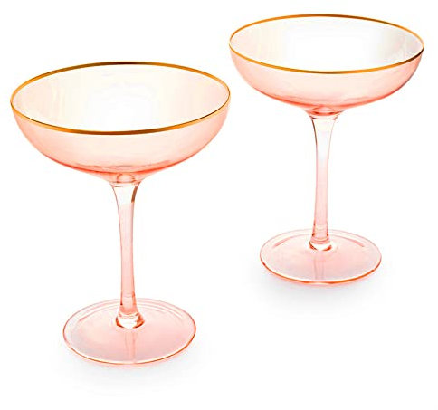Vintage Art Deco Blush Pink 9oz Coupe Champagne, Martini & Cocktail Glasses with Gilded Gold Rim, Set of 2 - Elegant Tumblers, Ideal for Weddings, Anniversaries, and Special Celebrations, Gift Set