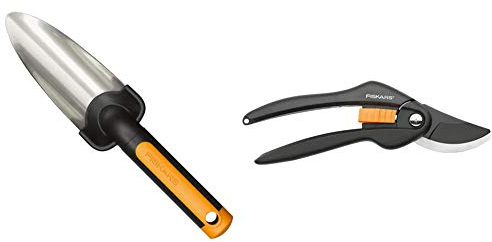 Fiskars Pflanzkelle, Länge 27 cm, Rostfreie Stahl-Kelle, Schwarz/Orange, Premium, 1000727 & Bypass-Gartenschere für frische Äste und Zweige, Hochwertige Stahl-Klingen, 20 cm, Schwarz/Orange